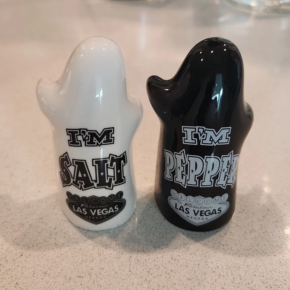 Black and white ghost Las Vegas salt and pepper shakers, new without tags!